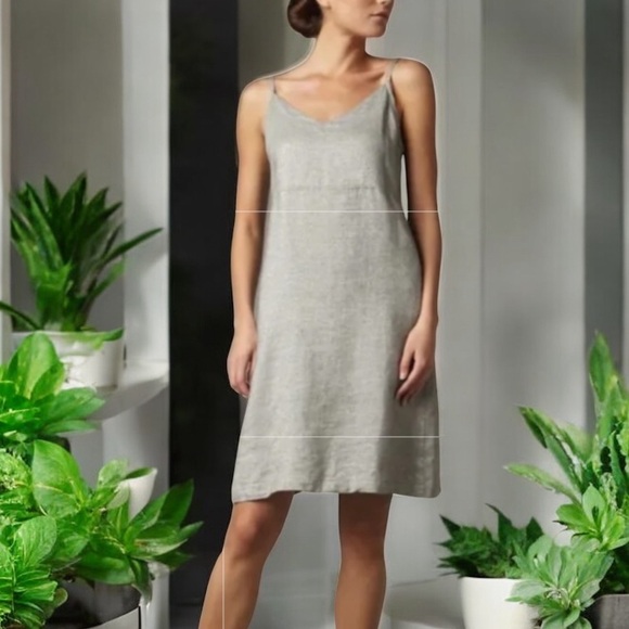 Eileen Fisher Linen Dress Tan Silver Metallic Shimmer Slip Minimalist SZ L - Picture 1 of 16